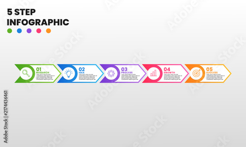 Modern 5 step ascending infographic template showing business growth and progression with colorful icons. Ideal for workflow, strategy, roadmap, planning, and presentations.