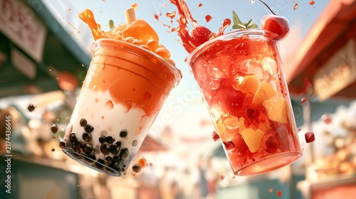 Colorful drinks splash at a food market during a sunny day in a lively setting