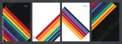 Set of Four Minimalist Abstract Posters Featuring Diagonal Rainbow Stripe Patterns on Black and White Backgrounds for Modern Graphic Design Projects