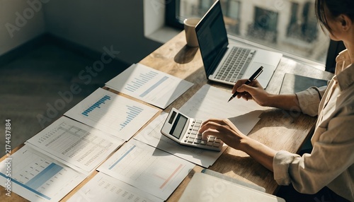 Person reviewing financial charts with calculator and laptop by window | Business budgeting and data analysis at a workspace desk