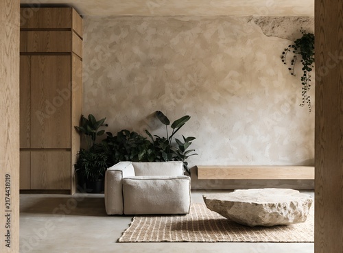 Minimalist lounge area with armchair stone table and indoor plants | Natural materials interior featuring textured walls wood accents and organic furnishings