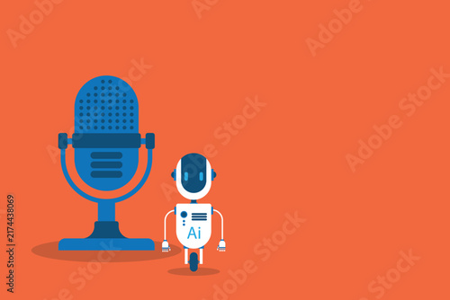 AI Media Automation Concept with Robot Assistant and Microphone for Digital Production