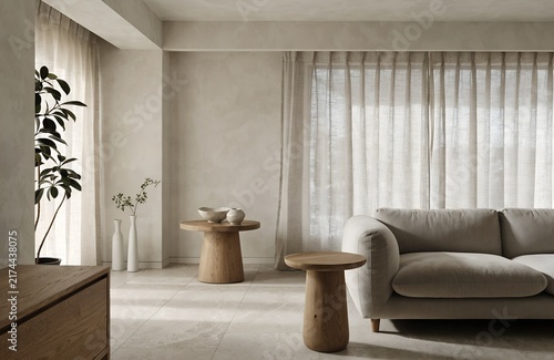 Neutral living room with curved sofa wooden tables and sheer curtains | Calm minimalist interior emphasizing natural textures and contemporary home design