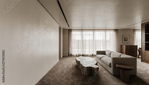 Minimalist living room with sofa stone coffee table and sheer curtains | Refined contemporary interior with neutral palette natural materials and spacious layout