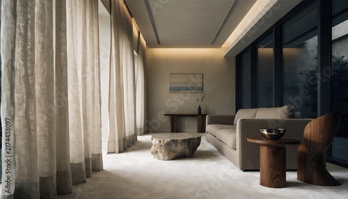 Living room with linen curtains sofa stone coffee table and wood furniture | Quiet luxury interior featuring natural materials minimalist styling and soft ambient lighting