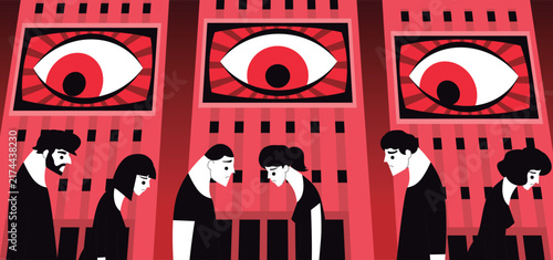 people in an Orwellian dystopia monitored by giant eyes on screens