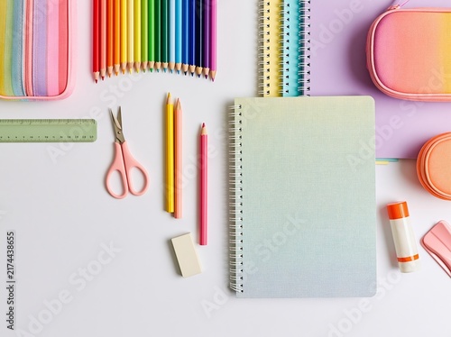 Overhead flat lay of colorful stationery items including pencils, scissors, notebooks, and a pencil case arranged on a white background for school or office use