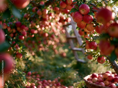 Apple orchard during harvest season with ripe red apples hanging from trees and a basket filled with freshly picked apples on the ground