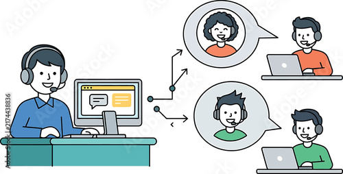 A professional digital illustration showing customer support agents working remotely with headsets and computers in a modern office