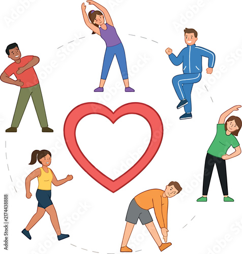 A colorful illustration of diverse people exercising around a central red heart symbol for healthy living