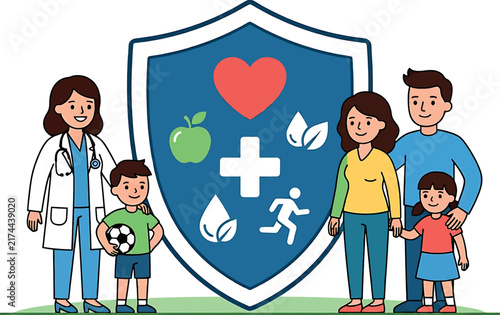 A colorful medical illustration featuring a doctor and a happy family standing in front of a health shield