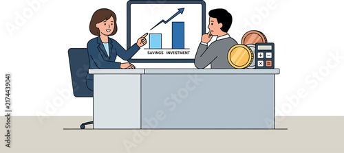 A professional business meeting illustration featuring colleagues analyzing financial growth charts on a computer screen in office