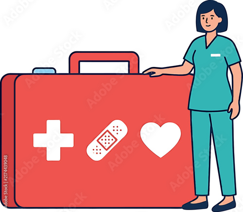 A professional medical worker standing next to a large red first aid kit in this colorful vector illustration