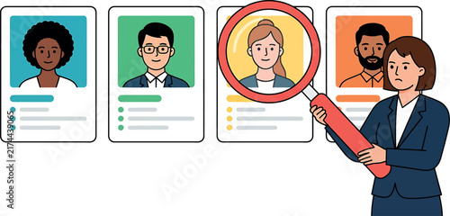 A professional human resources manager using a magnifying glass to select a candidate in this business recruitment illustration