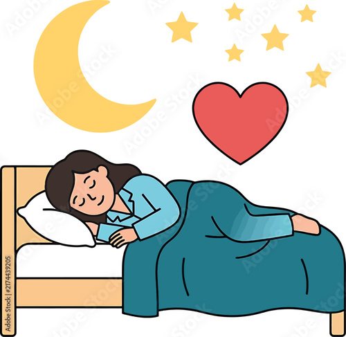 A peaceful digital illustration of a young girl sleeping soundly in bed under a starry night sky
