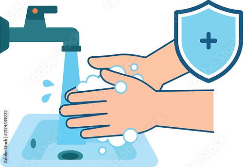 A flat vector illustration showing hands being washed under a faucet for hygiene and health protection concepts