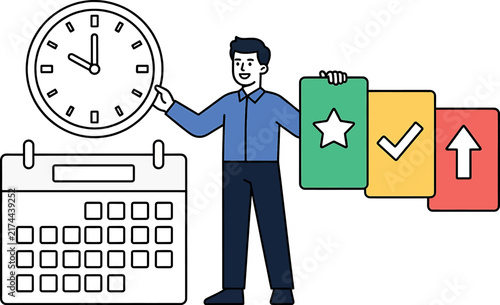 A professional business man managing time and tasks shown in a flat vector style illustration design concept
