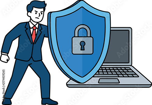 A professional businessman protecting a laptop with a digital shield in this creative cybersecurity concept vector illustration