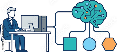 A professional business person working on a computer in this digital artificial intelligence technology concept vector illustration
