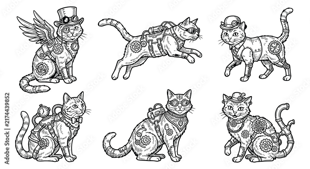 Obraz premium Steampunk cats with mechanical details are depicted in a detailed vector illustration