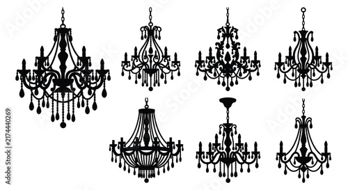 Collection of ornate chandeliers depicted in a detailed black vector illustration