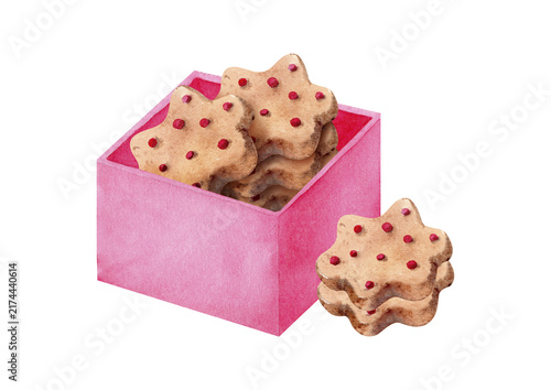 Canvastavla Watercolor cookie gift box filled with star-shaped cookies and red sprinkles