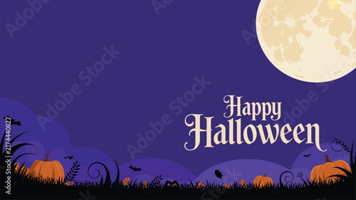 Moonlit Halloween bottom border featuring eerie forest silhouettes, glowing full moon, flying bats, twisted branches, misty night scenery, and spooky seasonal vector decoration