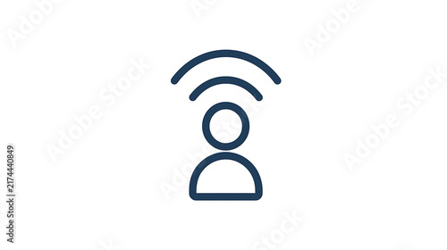 Minimalist vector icon of a person with wireless signal waves above head, representing digital connectivity, remote work, and tech user