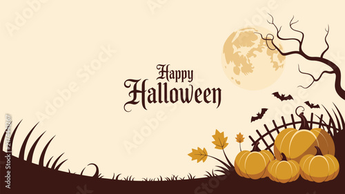 Halloween background with eerie full moon in the right corner, spooky night atmosphere, dark silhouettes, bats, and minimalist seasonal vector decoration