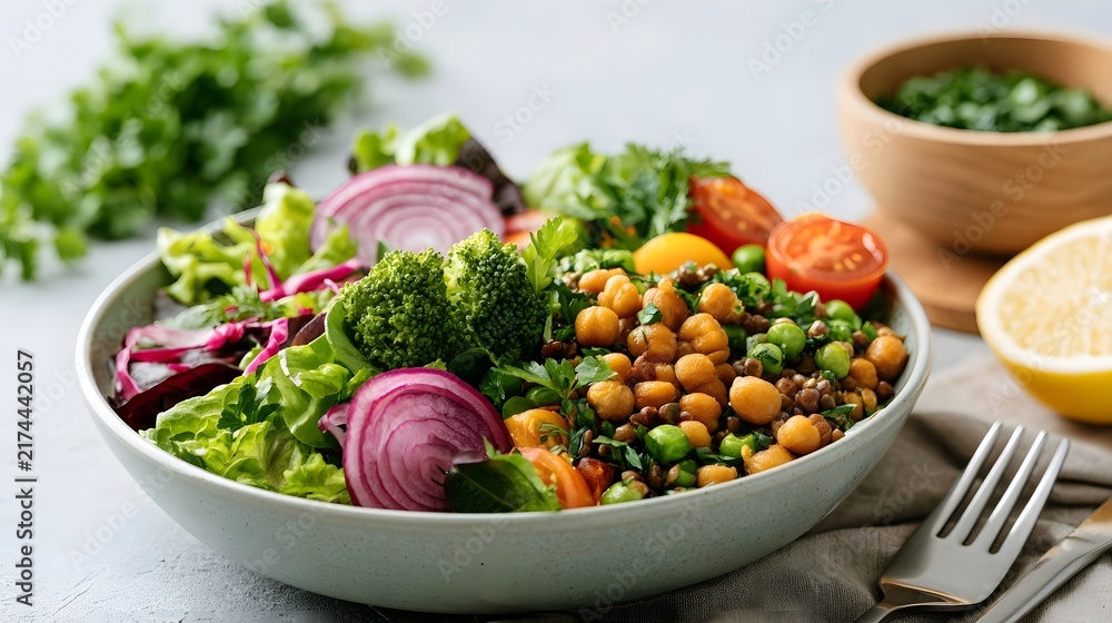 Obraz premium A vibrant bowl of fresh salad with chickpeas broccoli red onions tomatoes and herbs served with lemon and parsley