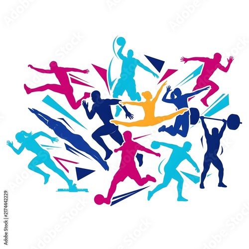 Dynamic composition of colorful silhouettes depicting various athletic activities and energetic movement