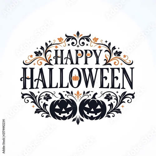 Vintage halloween greeting with ornate lettering and two jack o lanterns surrounded by decorative flourishes