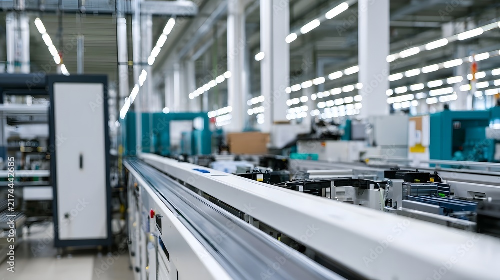 Naklejka premium Modern automated factory interior with conveyor systems and industrial hinery under bright overhead lighting
