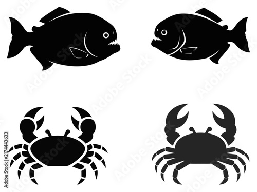 Set of black silhouettes featuring two piranha fish and two crabs isolated on a white background