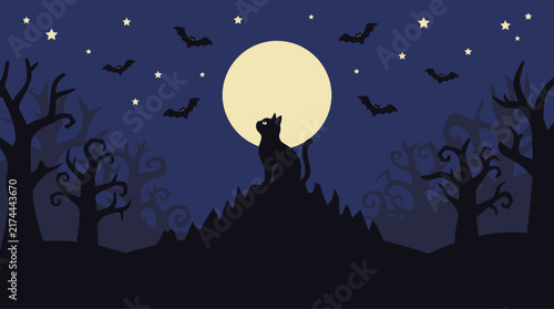 A spooky halloween landscape featuring a silhouette of a howling wolf against a large full moon background