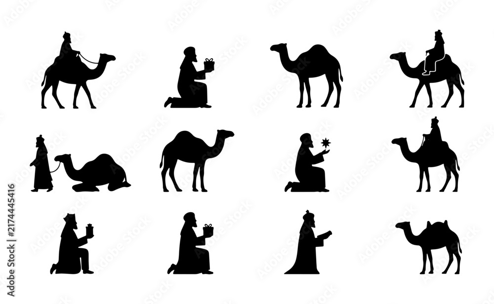 Fototapeta premium Nativity Scene Silhouettes: Three Wise Men with Camels, Religious Christmas Icons, Vector Set