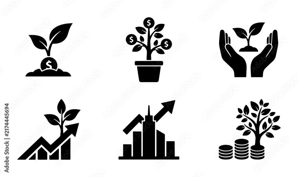 Fototapeta premium Financial Growth Icons Set: Money Tree, Seedling Investment, Business Building Chart, Stacked Coins, Investment Hands, Plant Sprout