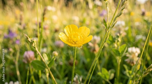 A single yellow buttercup flower blooming in a lush green meadow during a wallpaper and background