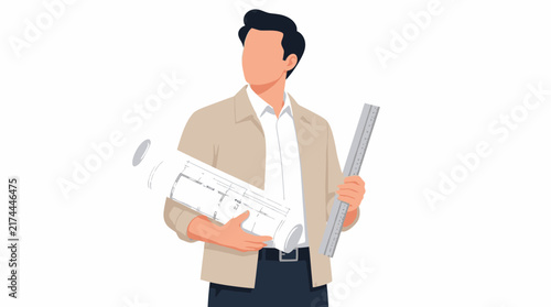 Architect professional holding blueprint and ruler