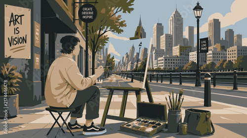 Artist painting cityscape outdoors near buildings and river