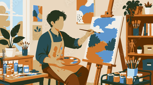 Artist painting landscape scene on canvas easel creative process