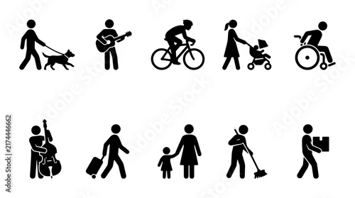 Bild auf Leinwand Diverse Human Activity Icons: Walking Dog, Playing Guitar, Cycling, Stroller, Wh