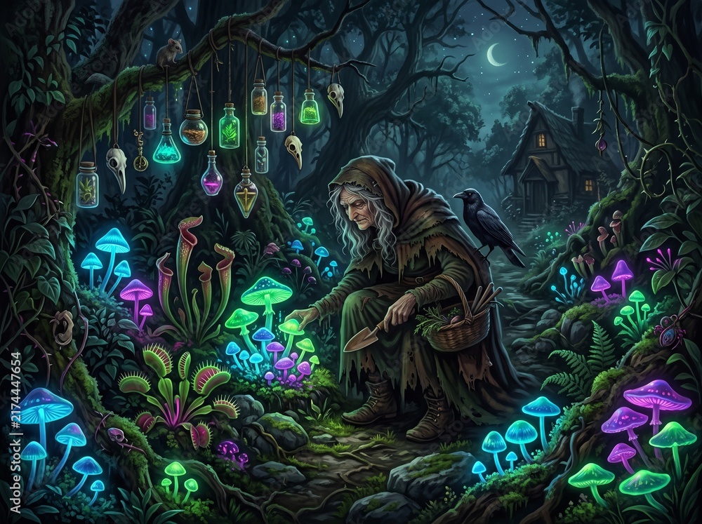 Fototapeta premium Old witch gathering glowing bioluminescent mushrooms and carnivorous plants in a dark enchanted forest
