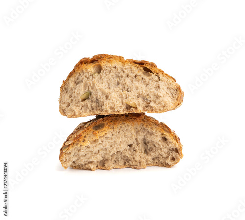 Konstfotografi Pumpkin seeds broken bread isolated, breakfast roll with pepita seeds