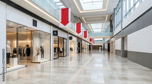 Modern empty shopping mall corridor with red arrow signs for retail sales