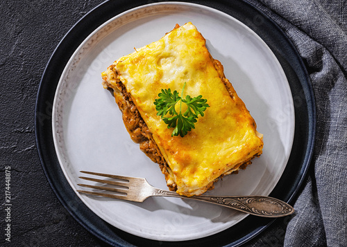 Beef lasagna slice with ground meat, pasta sheets
