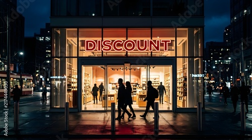 People walking past a discount store with neon signage at night