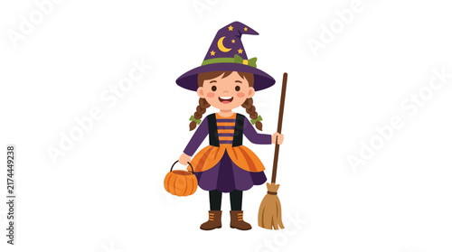 Bild auf Leinwand Cute Girl in Witch Costume Holding Pumpkin Basket and Broom