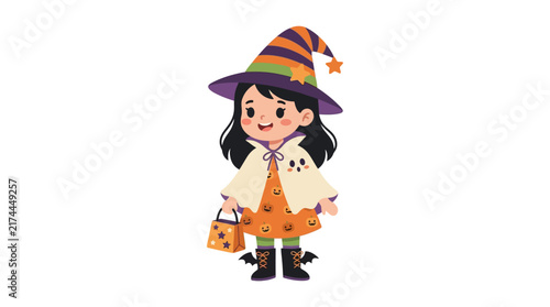 Foto Cute Halloween Witch Girl with Candy Bag and Bat Boots