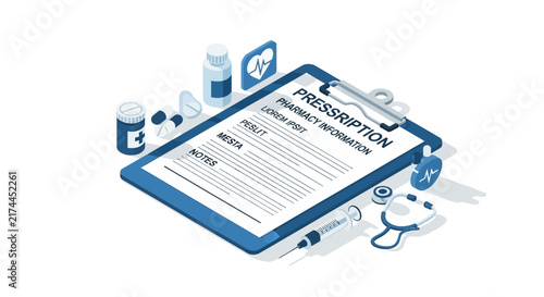 Medical Prescription And Equipment: An Isometric View Of Healthcare Essentials